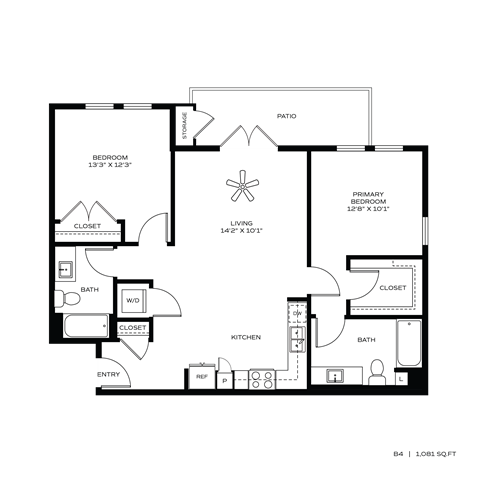 Floor plan for 2 beds, 2 baths, 1256 sqft